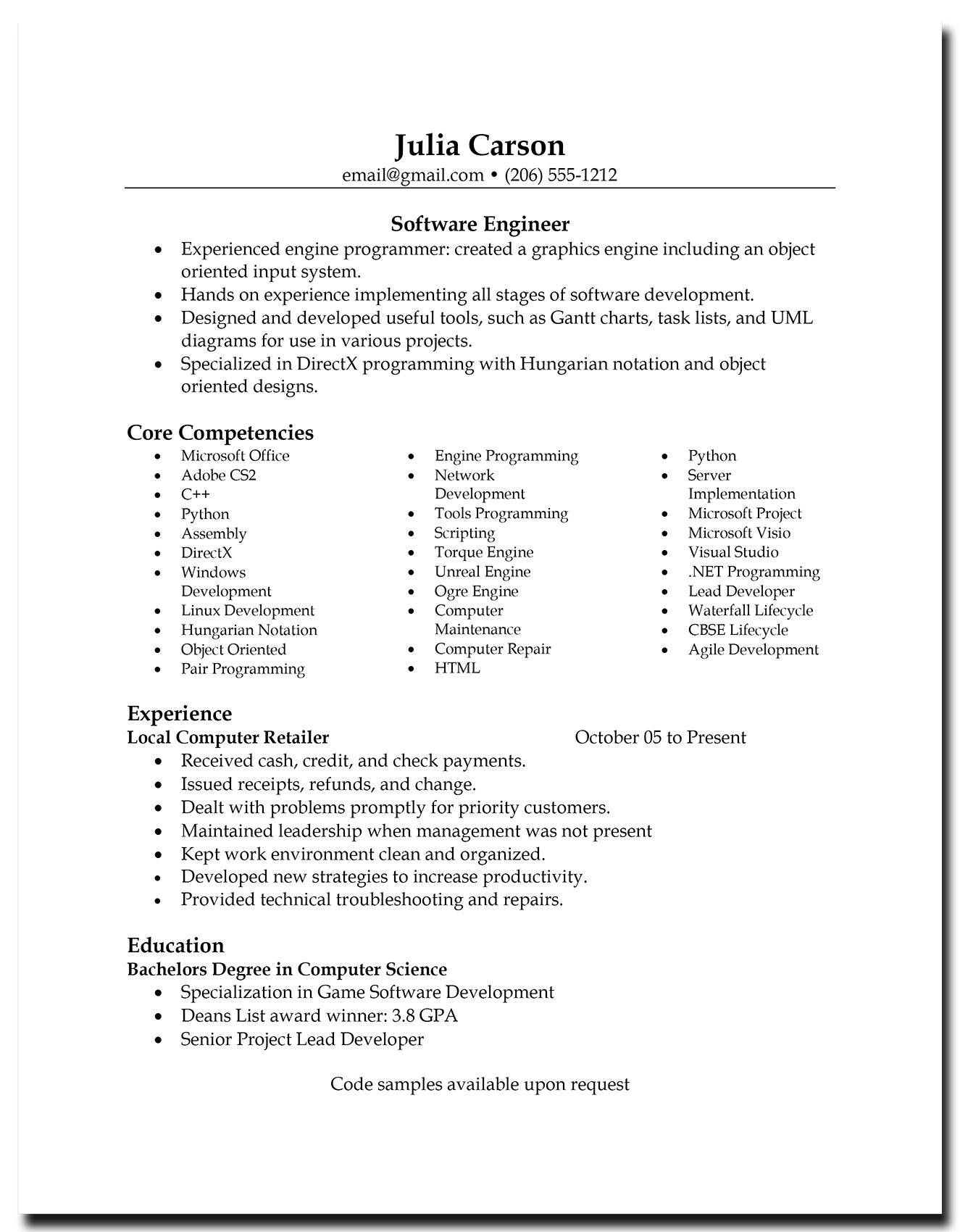 Real Video Game Developer Resume Examples